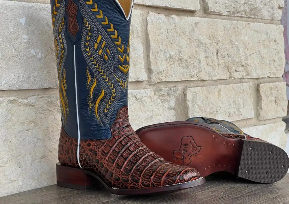 Men’s Cognac Crocodile Hornback Leather Boots With Blue Shaft