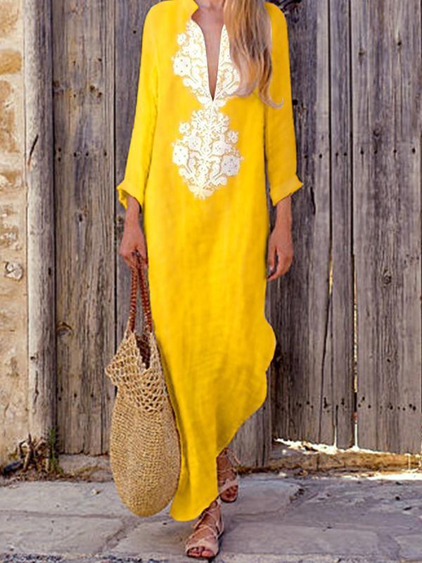 Women Vintage Ethnic Print Loose Long-sleeved Cotton Linen Dress