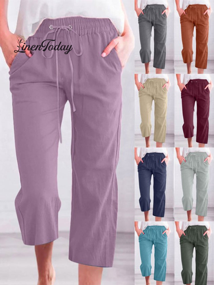 Women's Casual Summer Linen Pants High Waisted Loose Yoga Sweatpants Crop Pants with Pockets