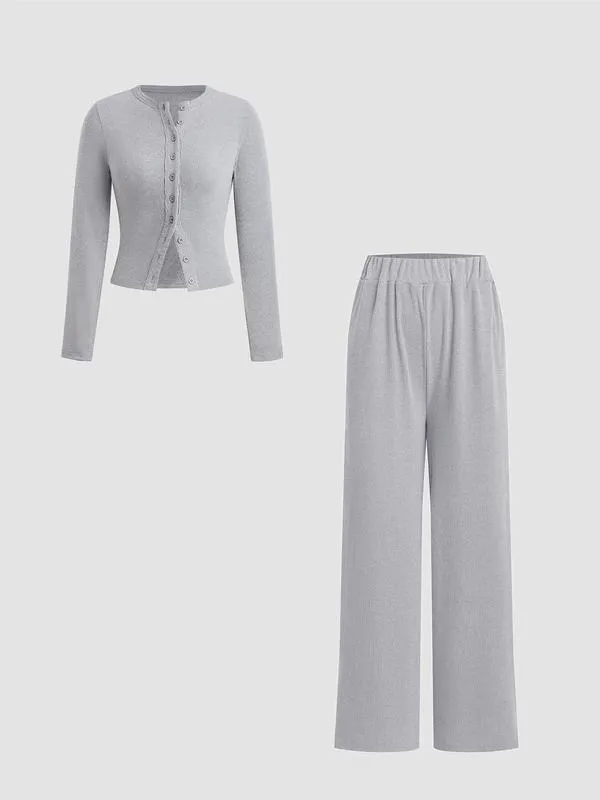 Women’s Ribbed Knit Crop Top & Elastic Waist Pants Two-Piece Set