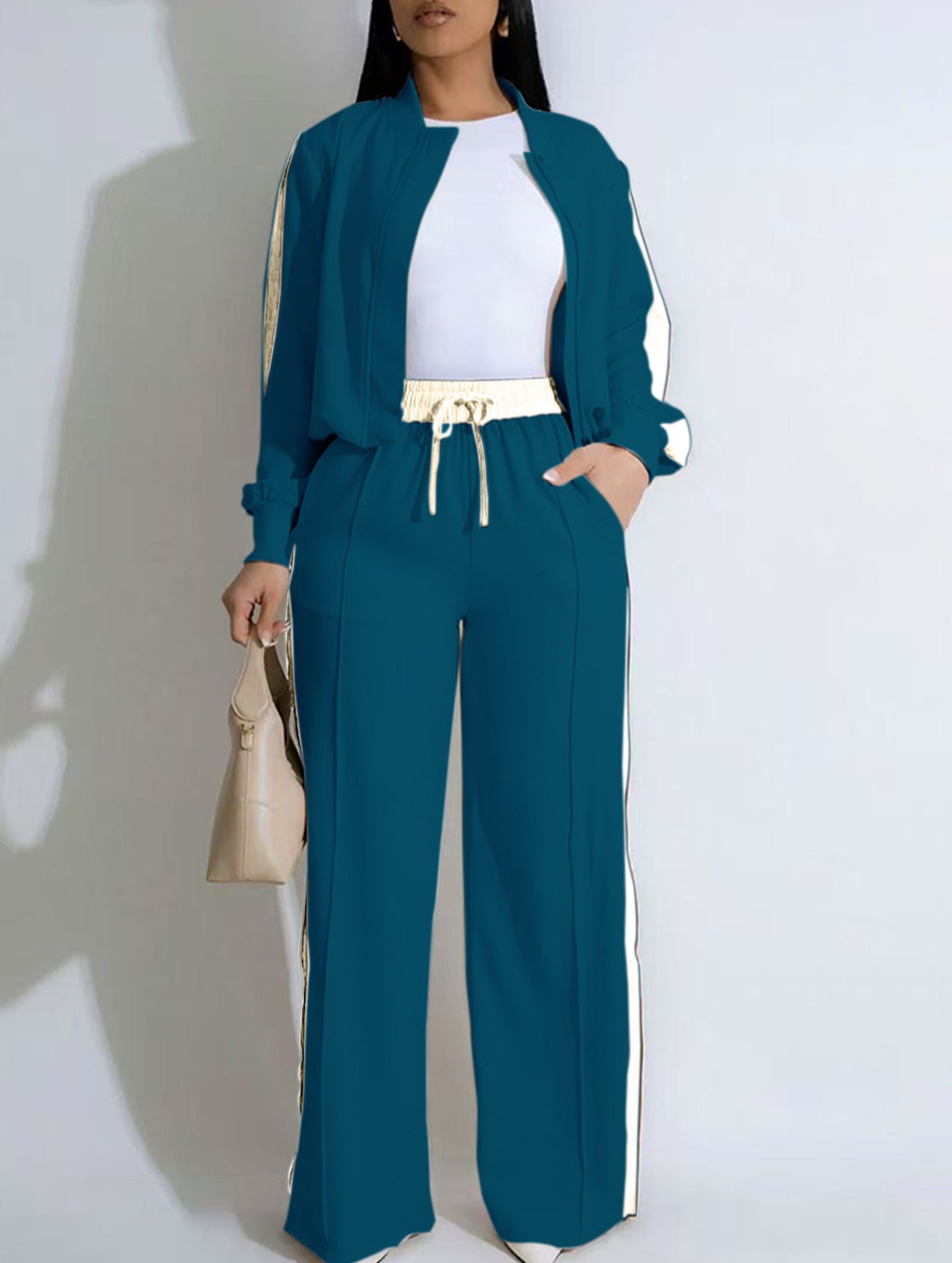 Zippered casual color-block suit for women_CWSS01455