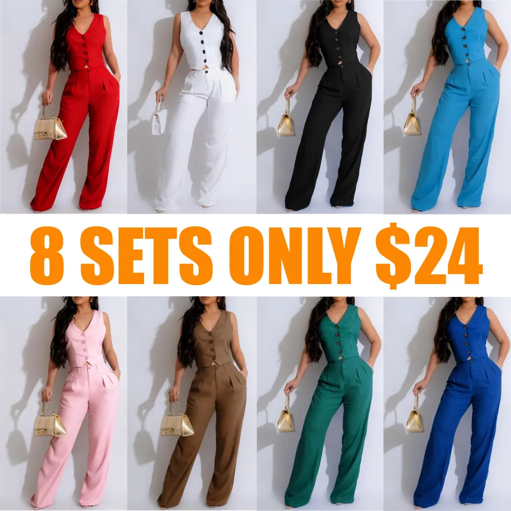 Women's Button Front V Neck Crop Tank Top & High Waist Pants Set