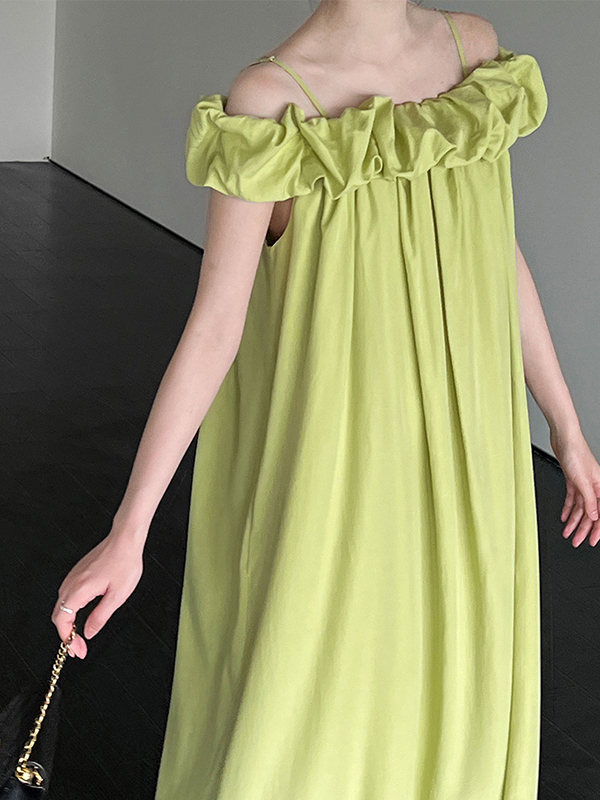 Elasticity Pleated Solid Color Split-Joint Loose Sleeveless Off-The-Shoulder Maxi Dresses