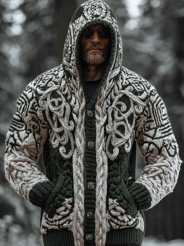 Viking Style Winter Men's Warm Hooded Knit Sweater Jacket