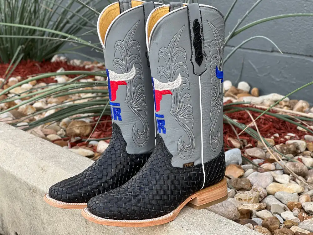 Men’s Black Basket Weave Leather Boots With Grey Shaft