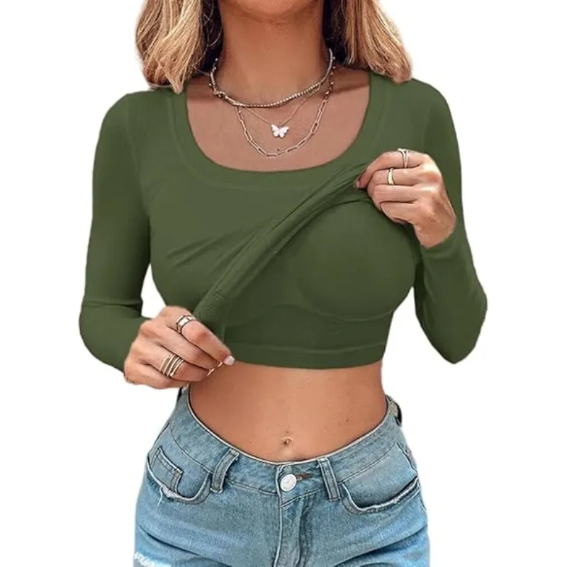 U-Neck Built-in Bra Long Sleeve Ribbed Top Shirts Elegant Skinny Fit Fabric