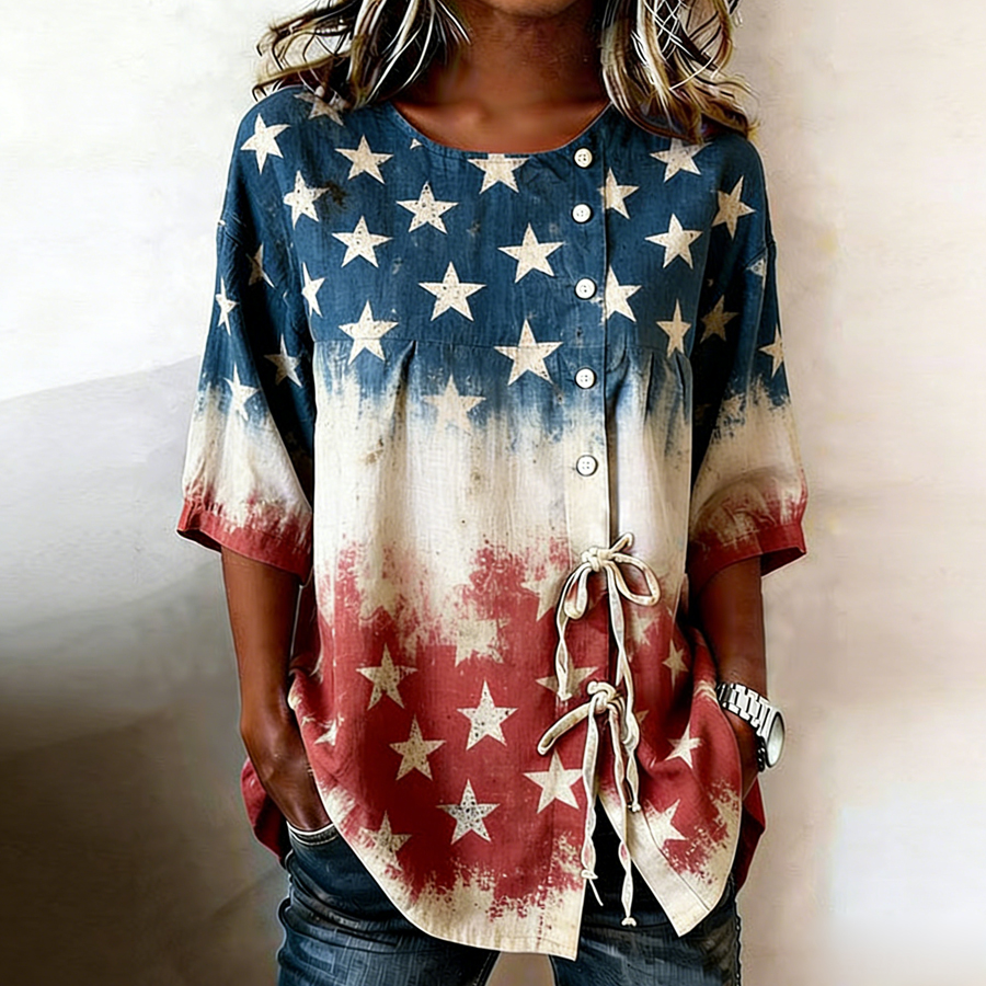 Women'S Flag Art Round Neck Off Shoulder Button Up Shirt