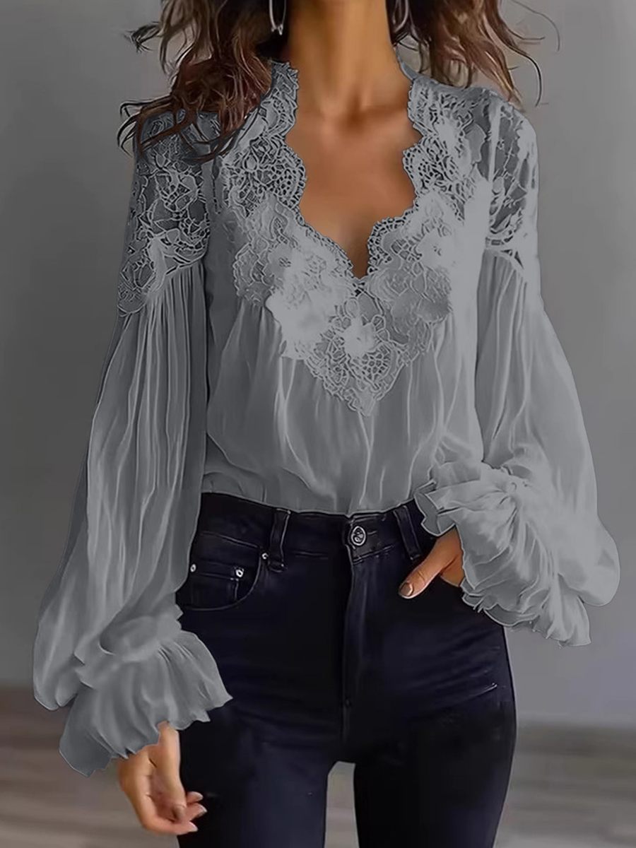 Women's Lace Patchwork Puff Sleeve Shirt