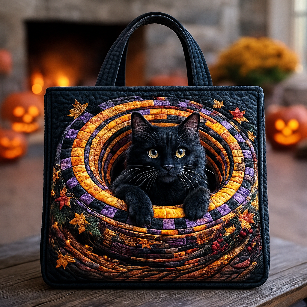 ✨ Halloween Black Cat Spiral Tunnel Quilted Tote Bag