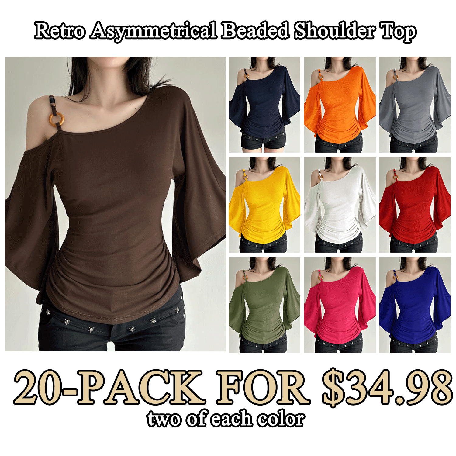 Women’s Retro Asymmetrical Beaded Shoulder Top – Slim Fit Flounce Sleeve Blouse