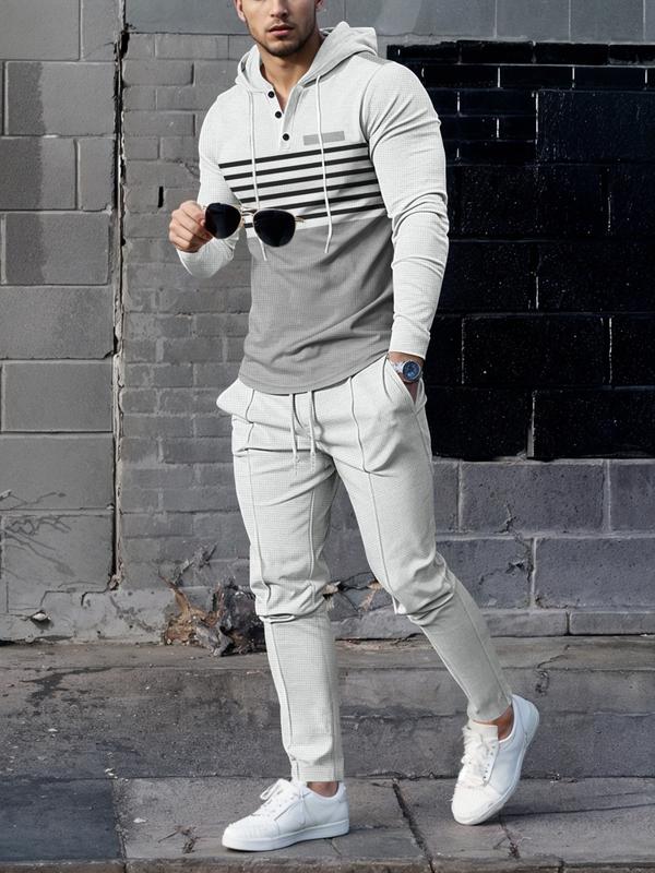 Men’s Hooded Striped Sweatshirt & Waffle Knit Pants Set