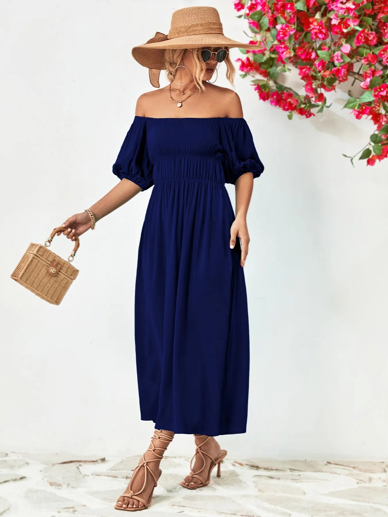 Off-Shoulder Puff Sleeve Smocked Maxi Dress