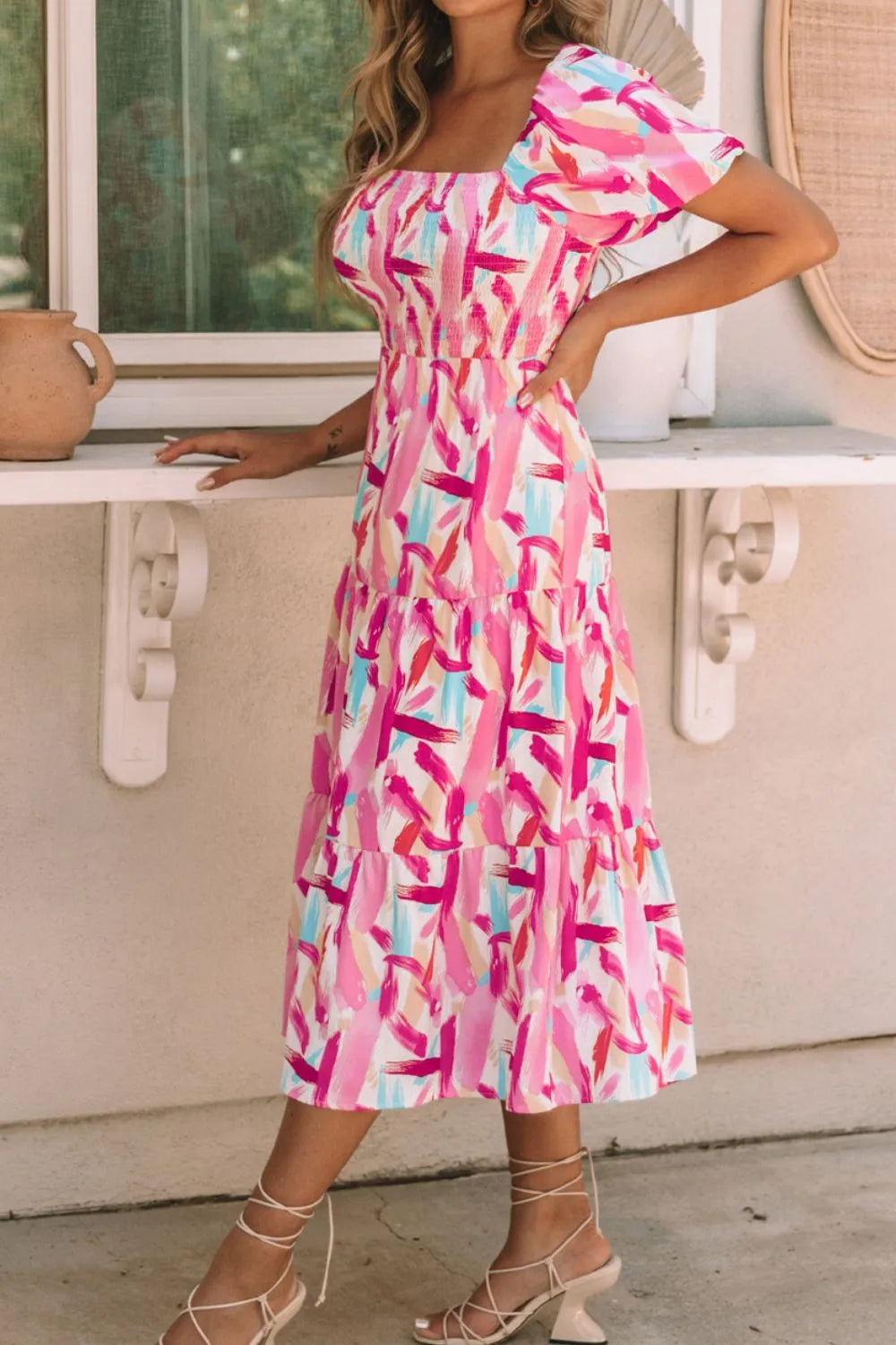 Geometric Print Puff Sleeve Square Neck Midi Dress