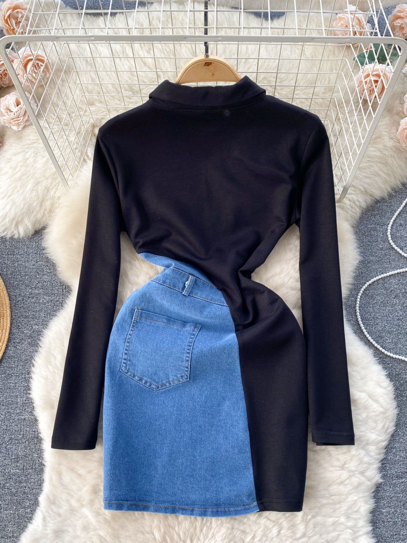 Full Size Color Block Denim Patchwork Mini Dress Plus Size