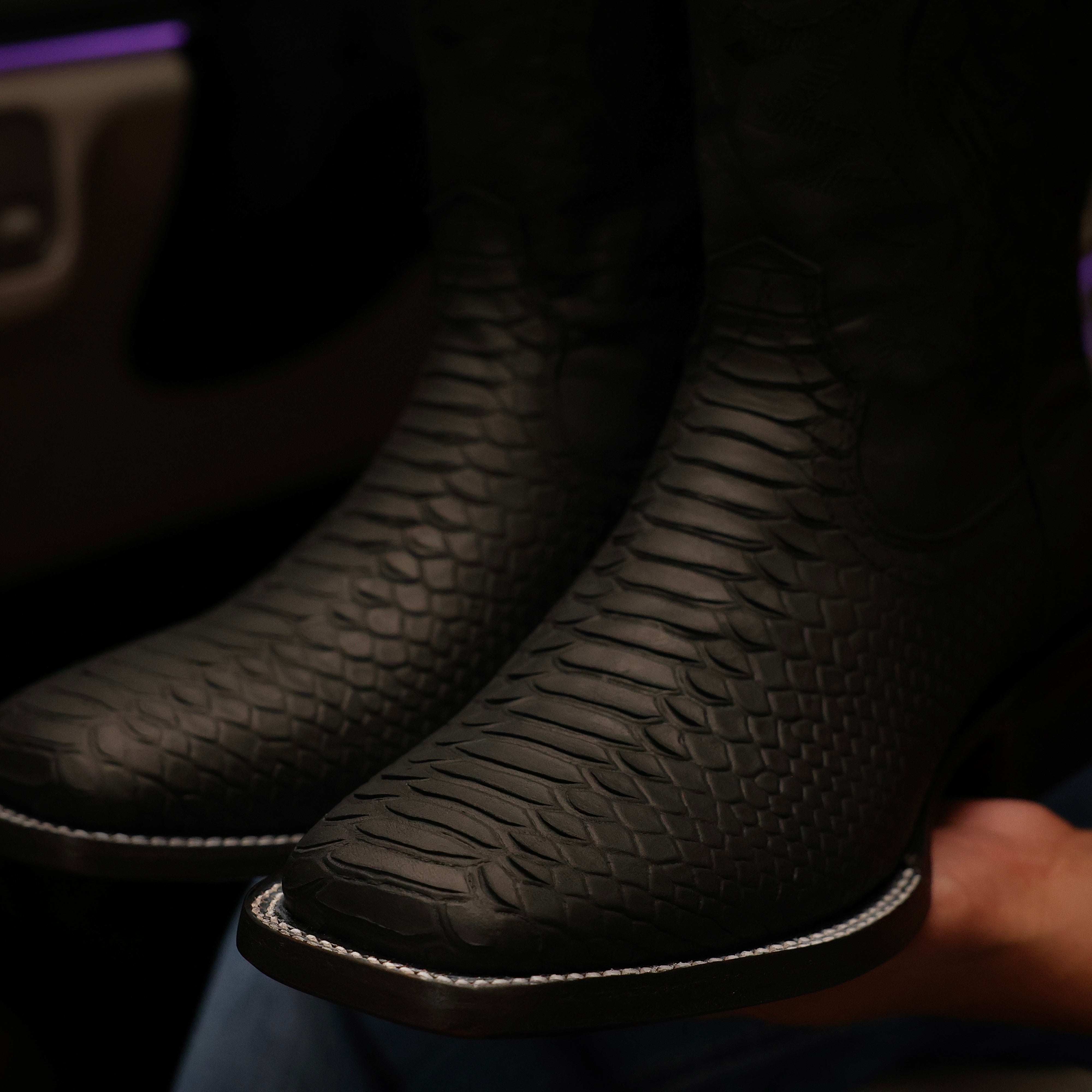 Matte Black Python Leather Boots - Square Toe