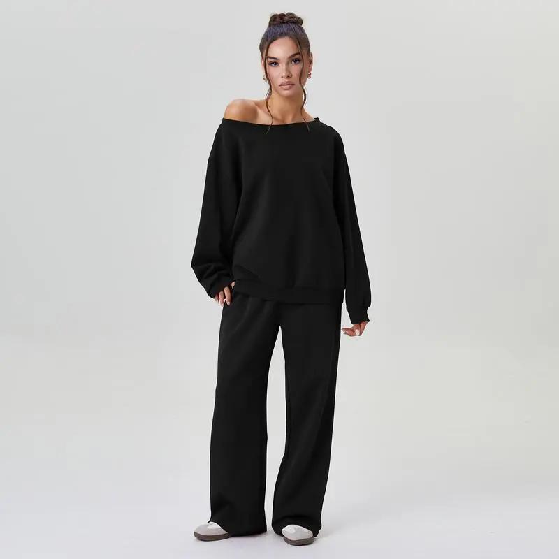 🔥Last Day 89% OFF🔥Women's Leisure Solid Color Sloping Shoulder Long Sleeve Top & Wide Leg Trousers Set