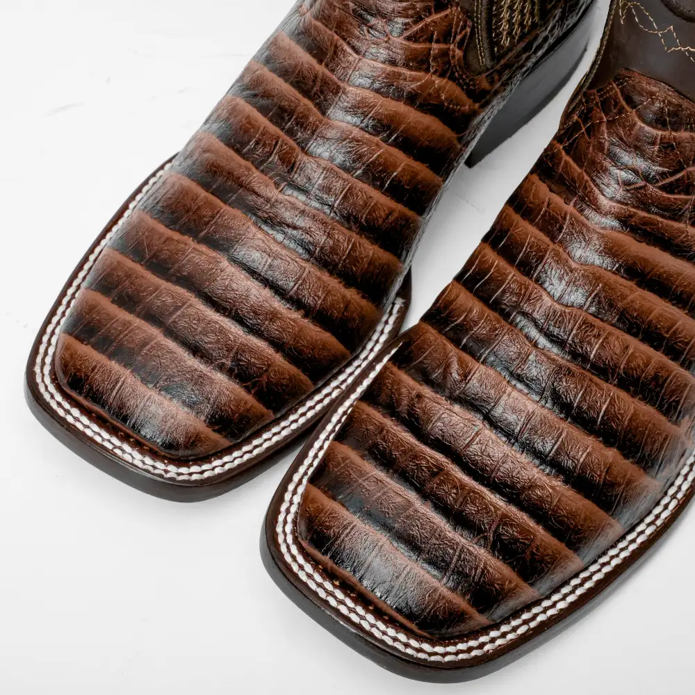 Brown Caiman Belly Leather Boots - Square Toe