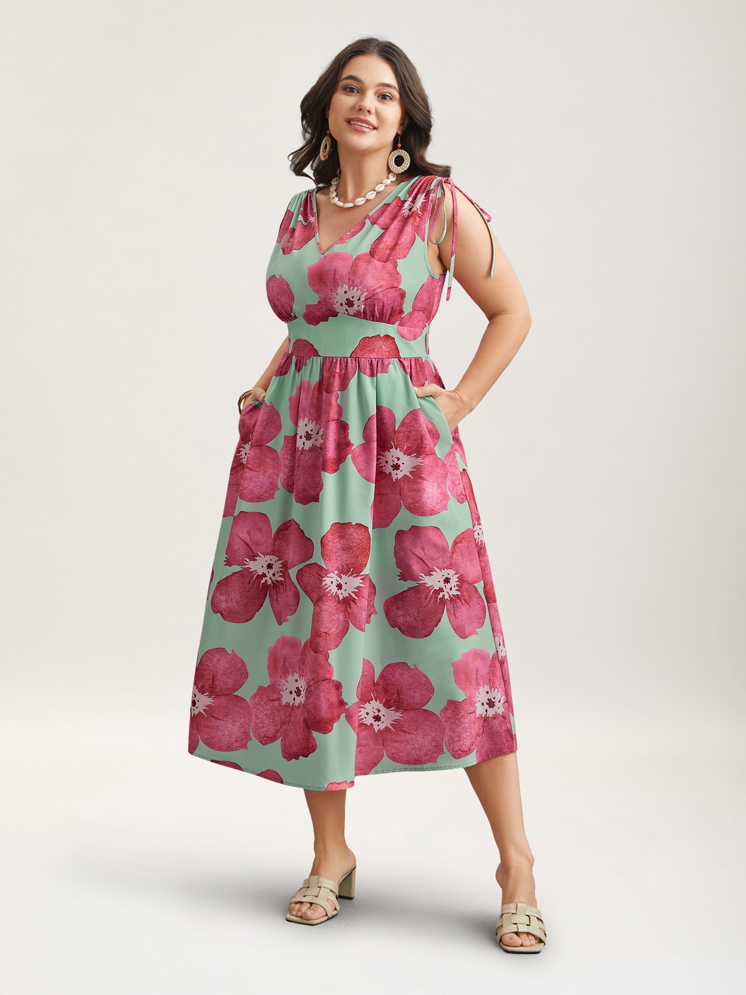 Floral Print V-Neck Tied Midi Dress