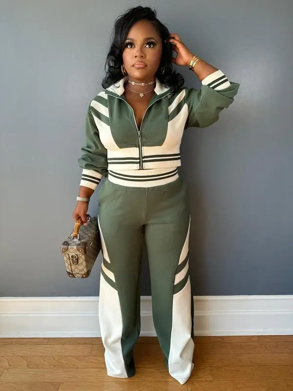 Women's Colorblock Print Zip Up Long Sleeve Crop Jacket & Pants Two-piece Set