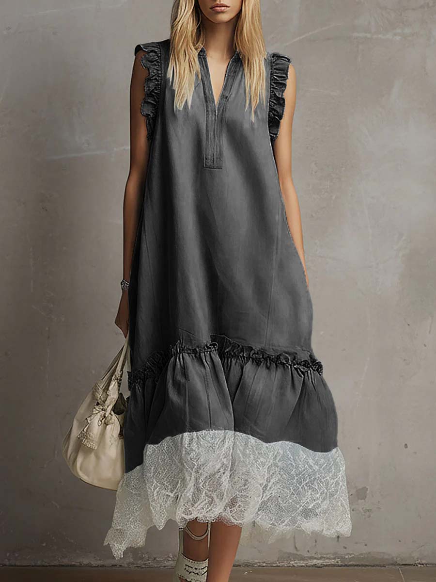 Women's V-neck Sleeveless Casual Loose Denim Patchwork Dress
