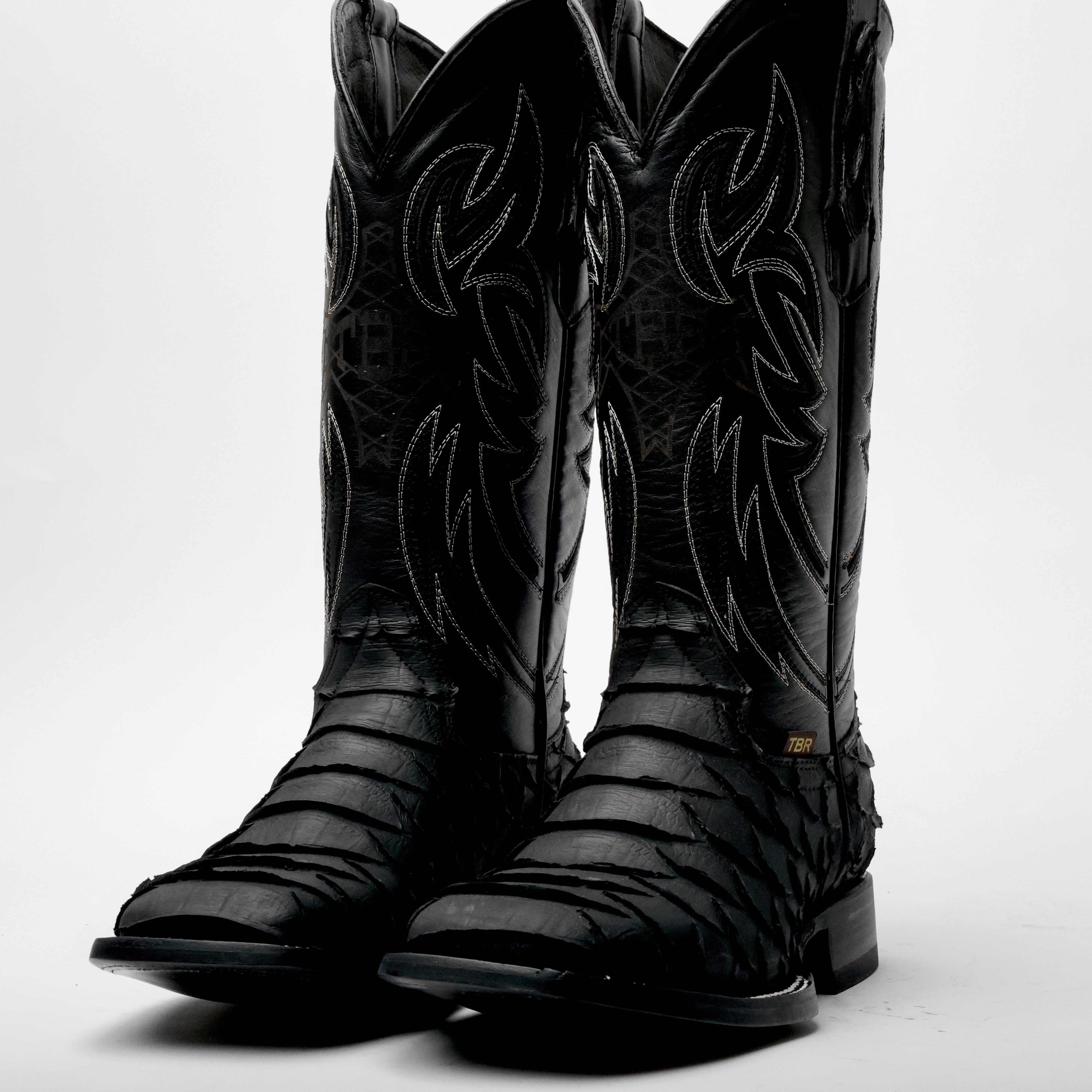 Black Jumbo Python Leather Boots - Square Toe