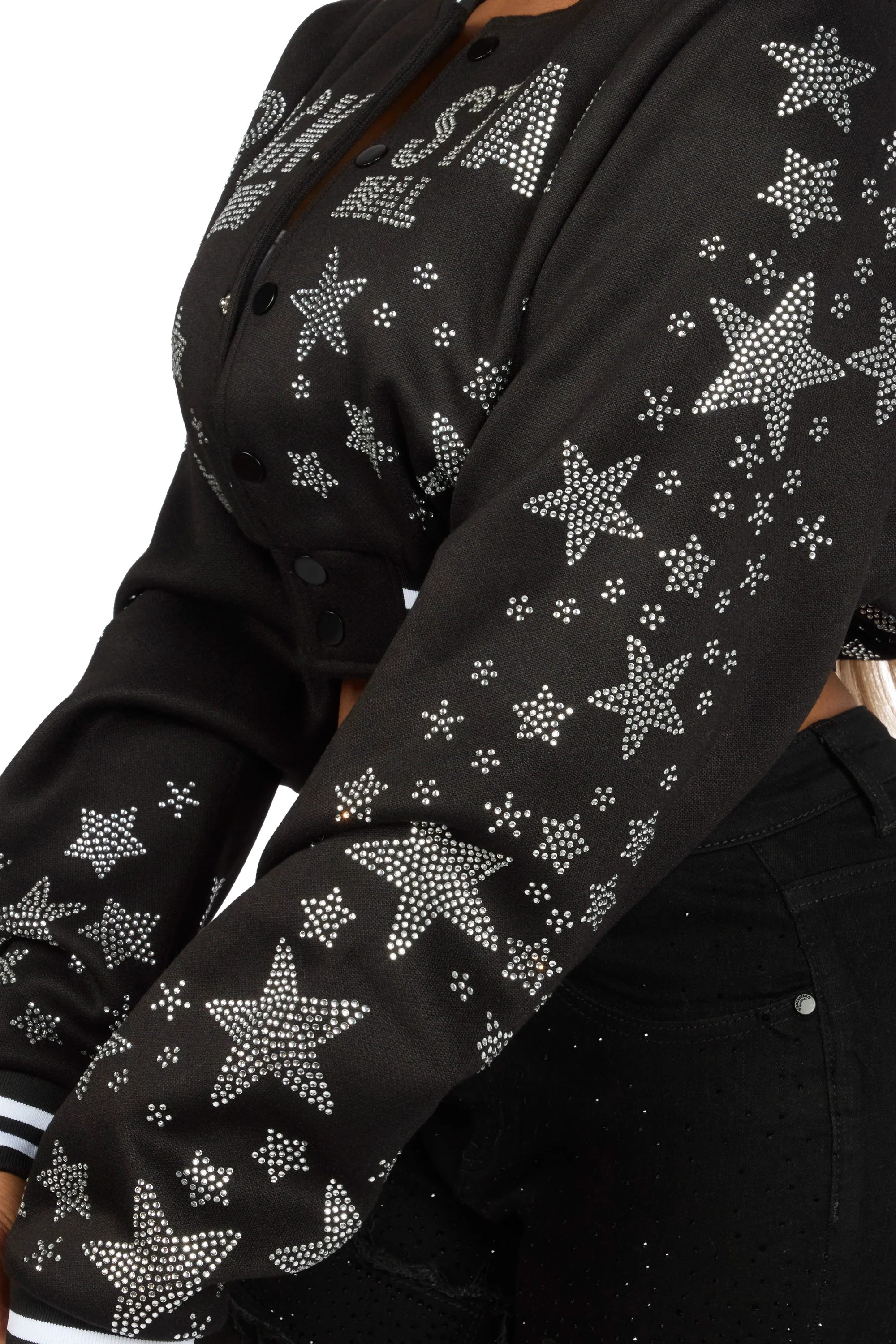 Shanda Black Crop Rhinestone Varsity Jacket