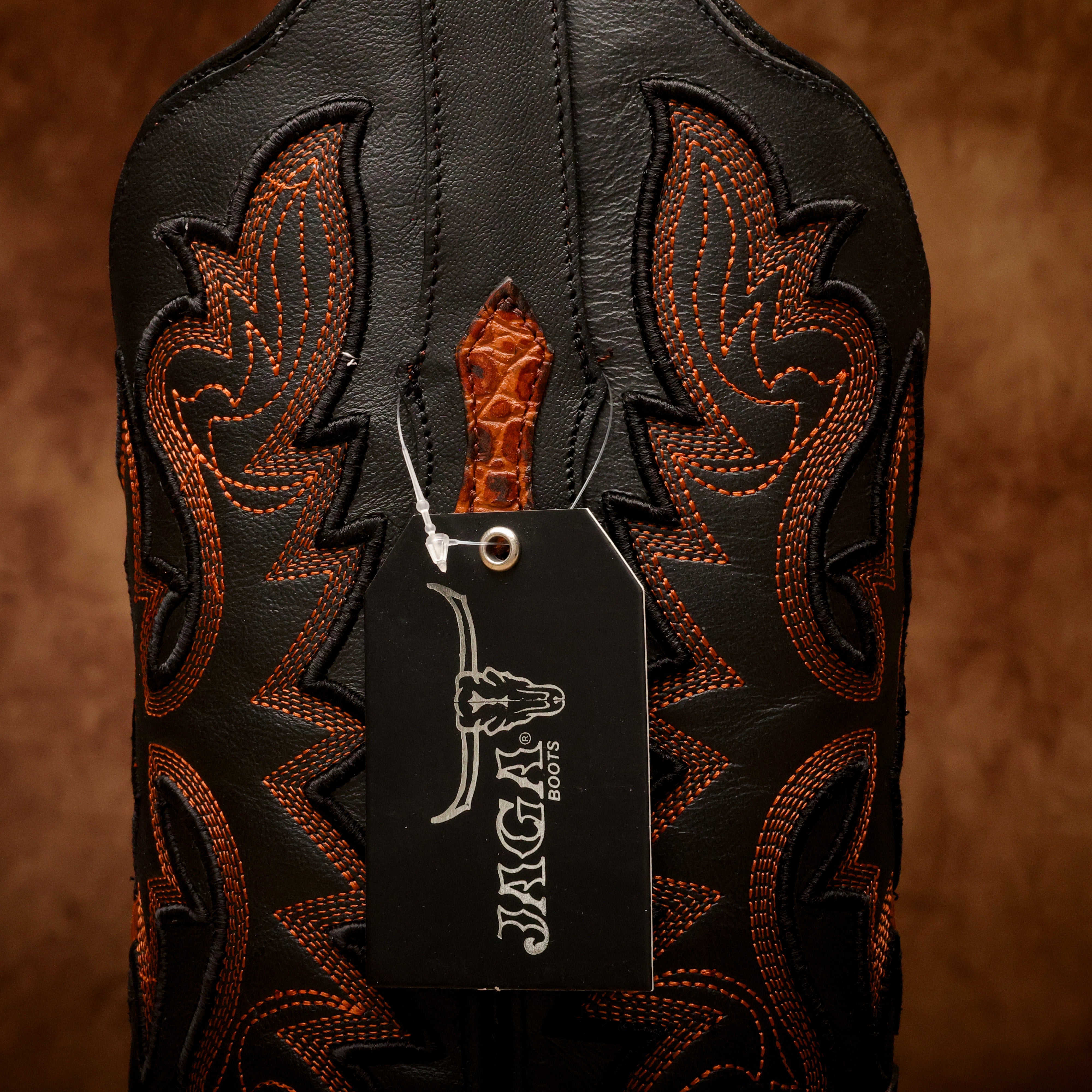 Cognac Caiman Neck Leather Boots - Square Toe