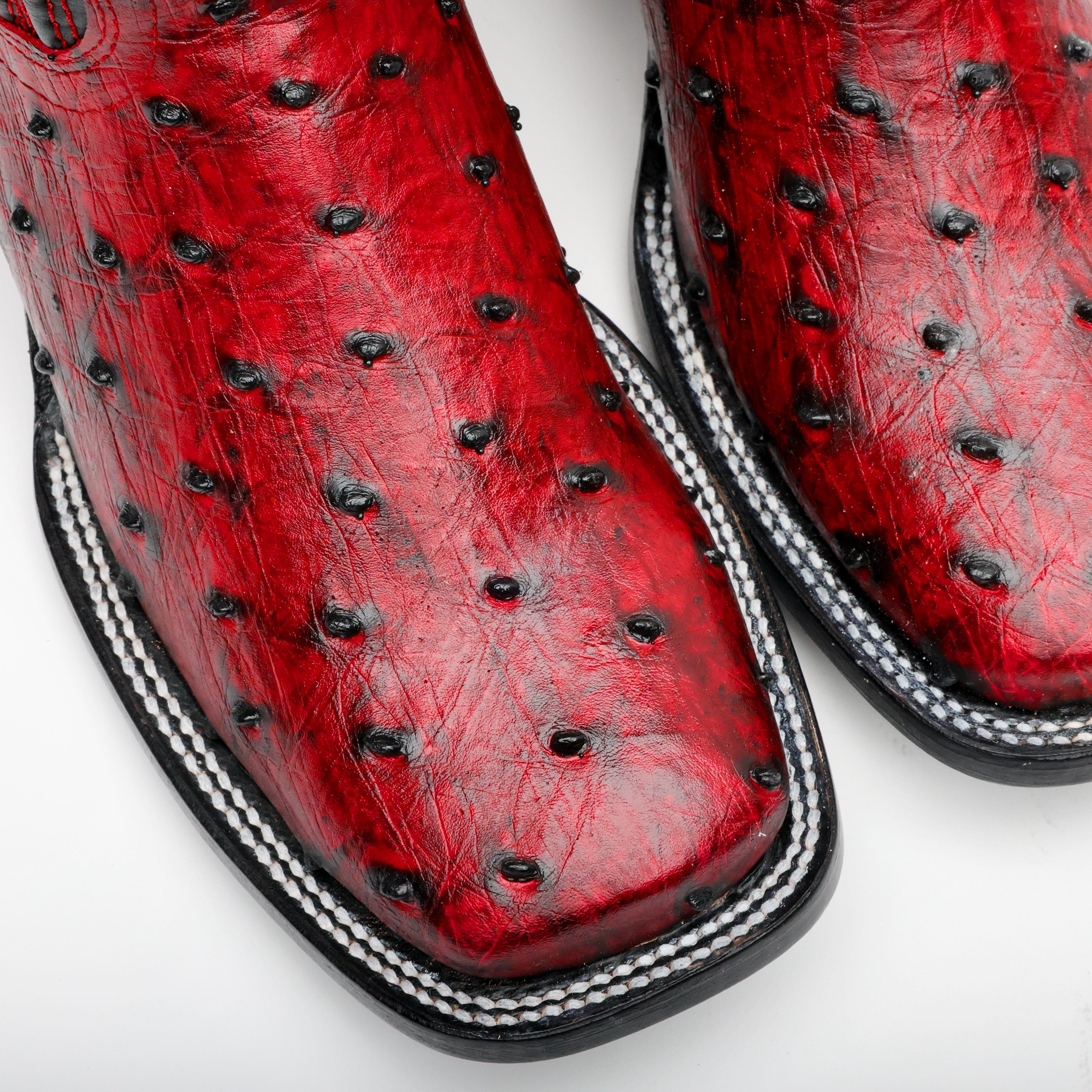 Black Cherry Ostrich Leather Boots - Square Toe