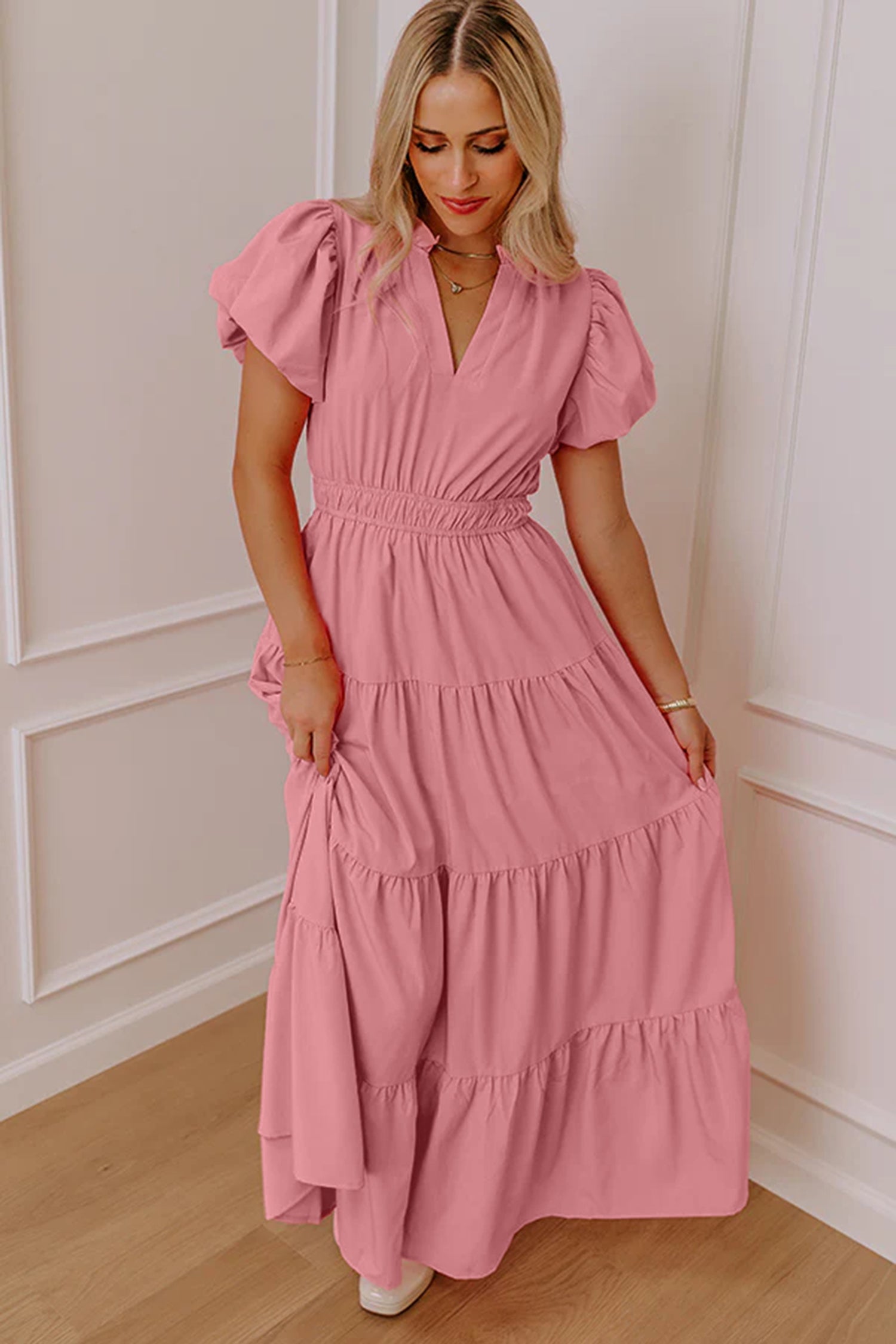 Coral Solid Color V Neck Short Puff Sleeve High Waist Tiered Maxi Dress