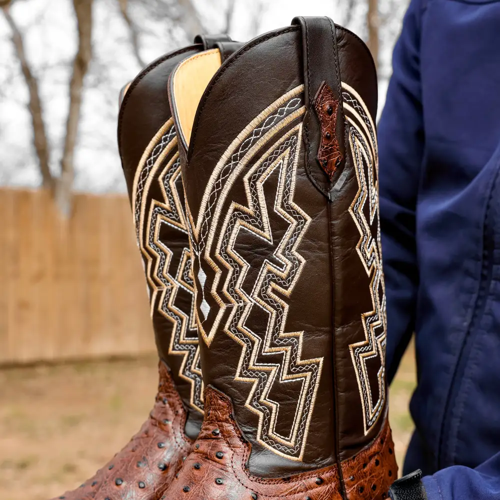 Chocolate Brown Ostrich Leather Boots - Square Toe