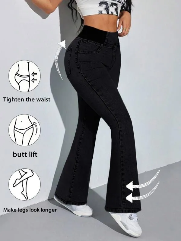 Women's Back Shirred Jeans, Mid - Rise Elasticity Waist Flared Jeans