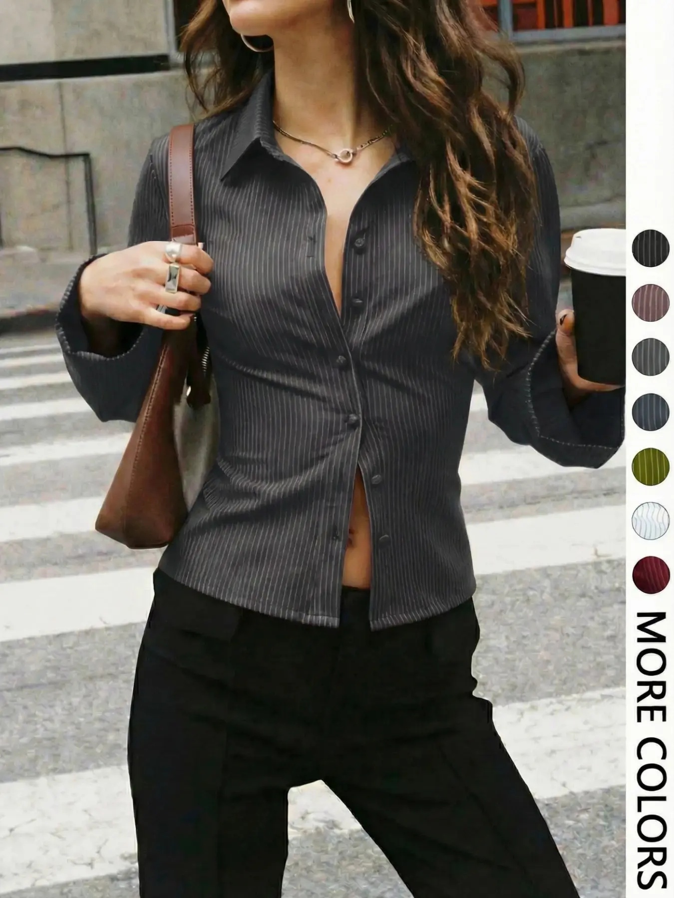 Women's All-Over Striped Print Button Front Blouse