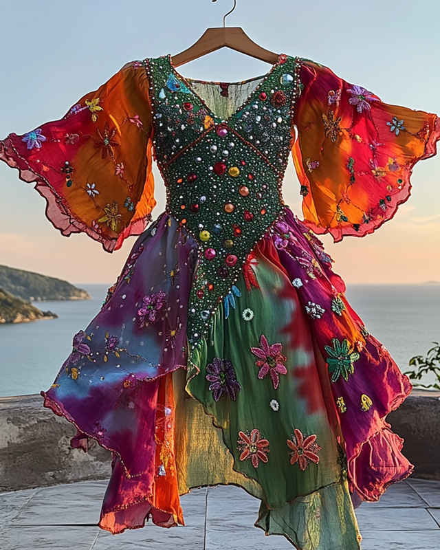 Summer Vacation Colorful Floral Sequins Beaded Ruffle Dress c10d