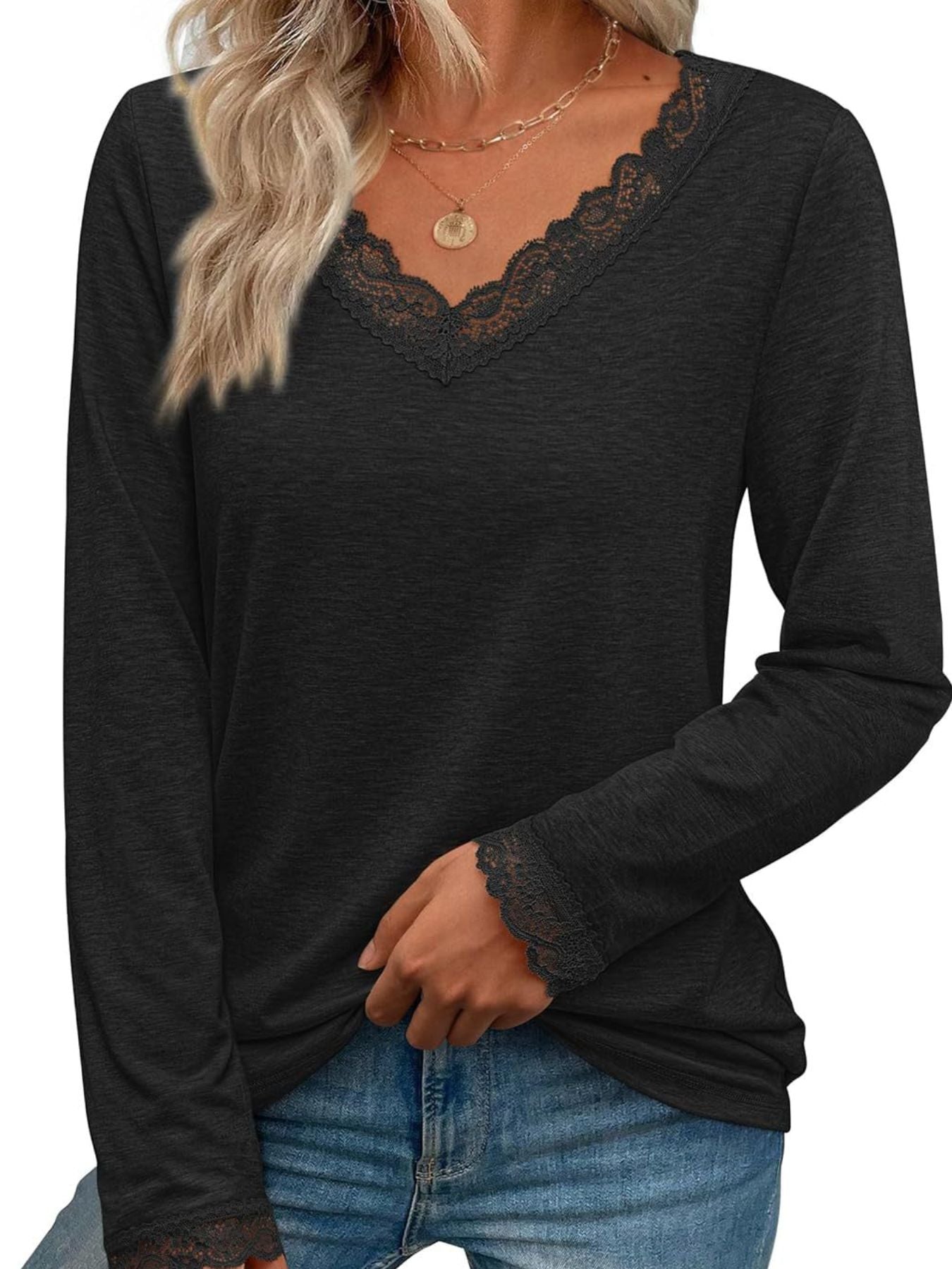 Lace Trim V-Neck Long Sleeve T-Shirt