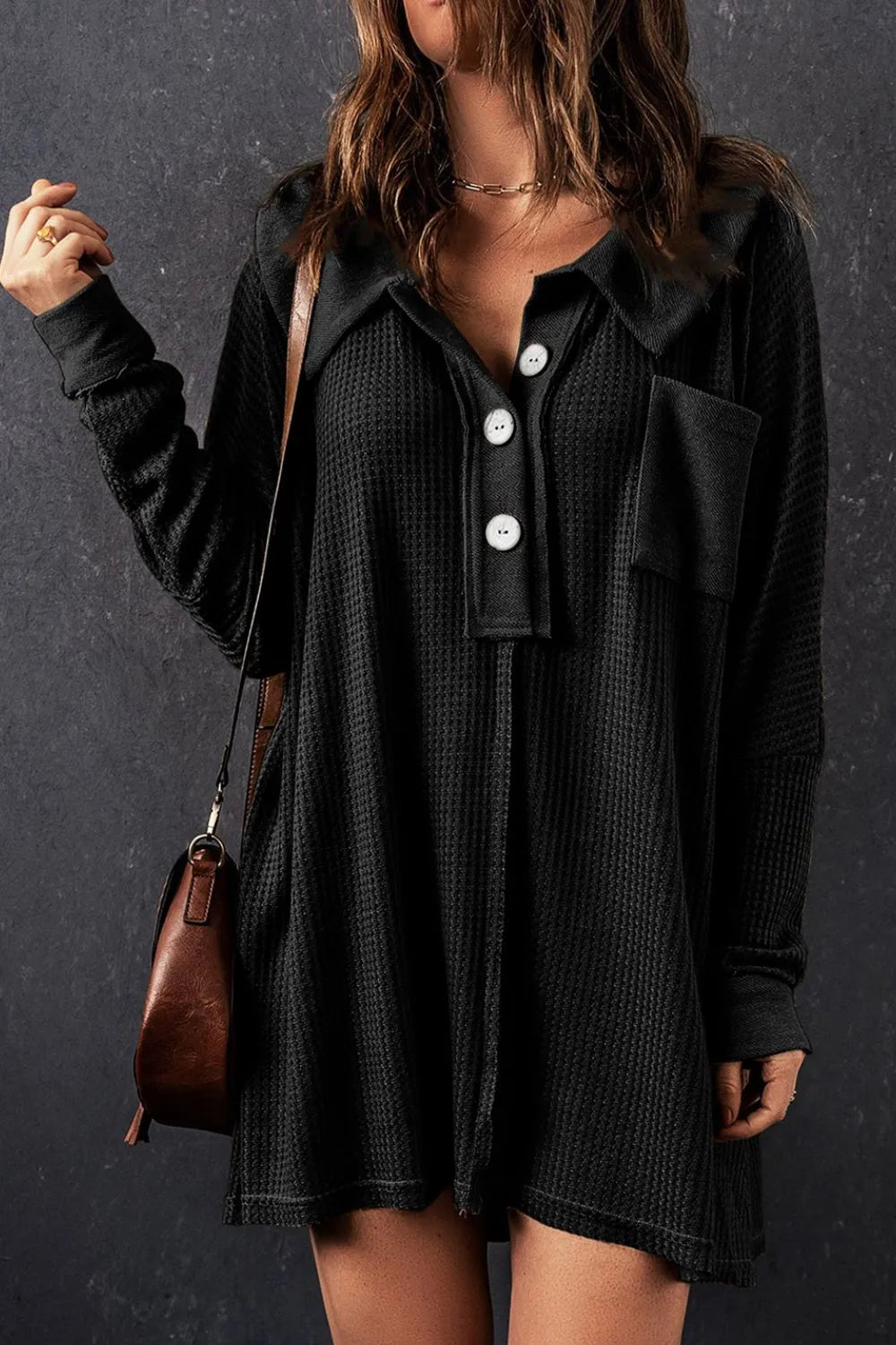 Waffle Knit Button Front Dress