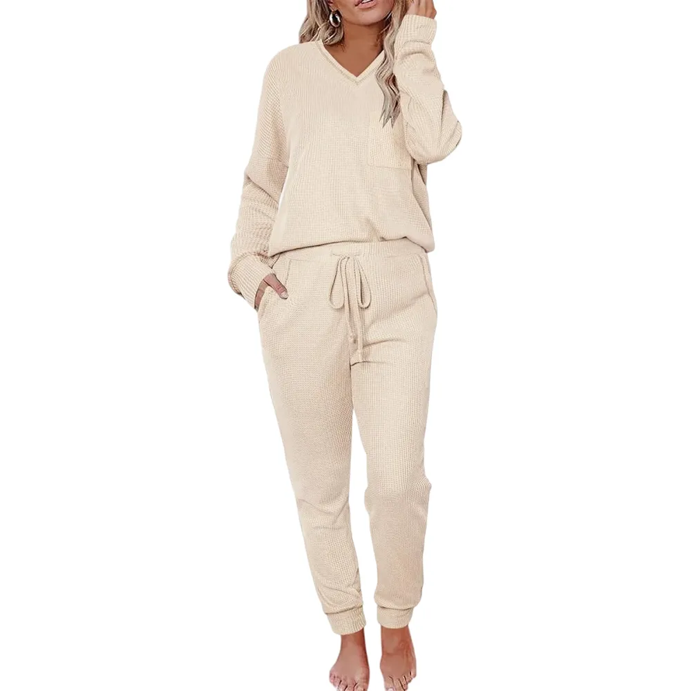 V-neck waffle knit top and pants casual set