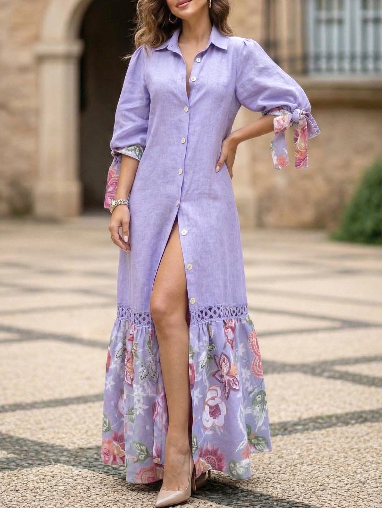 Lace Tie Sleeve Shirt Dress