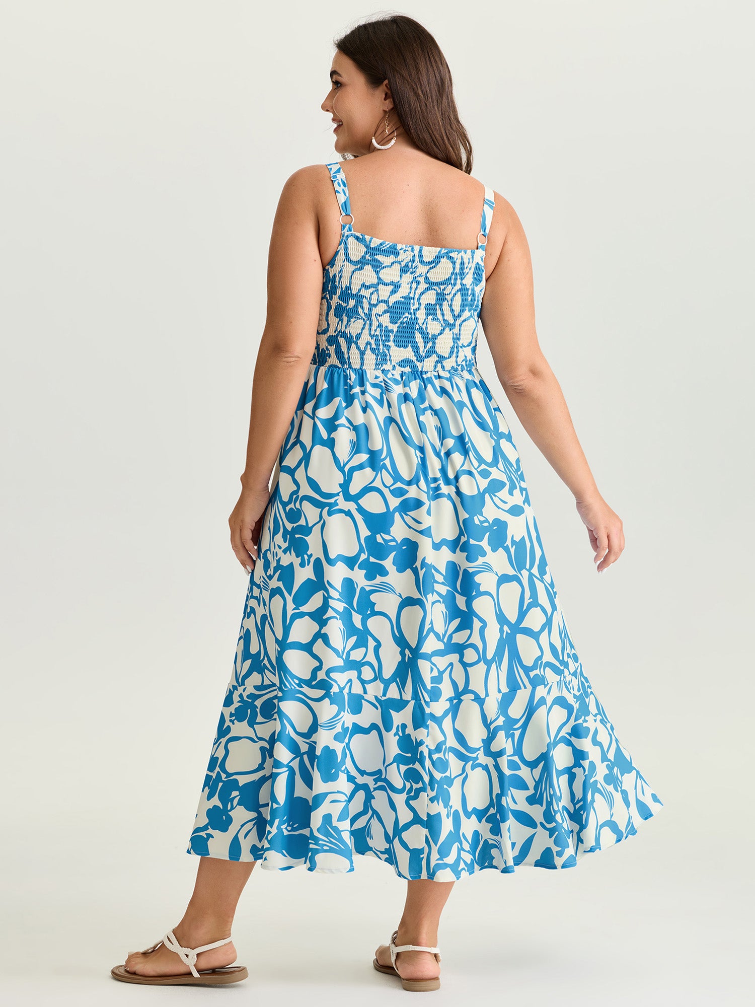 Silhouette Flower Print Shirred Cami Midi Dress