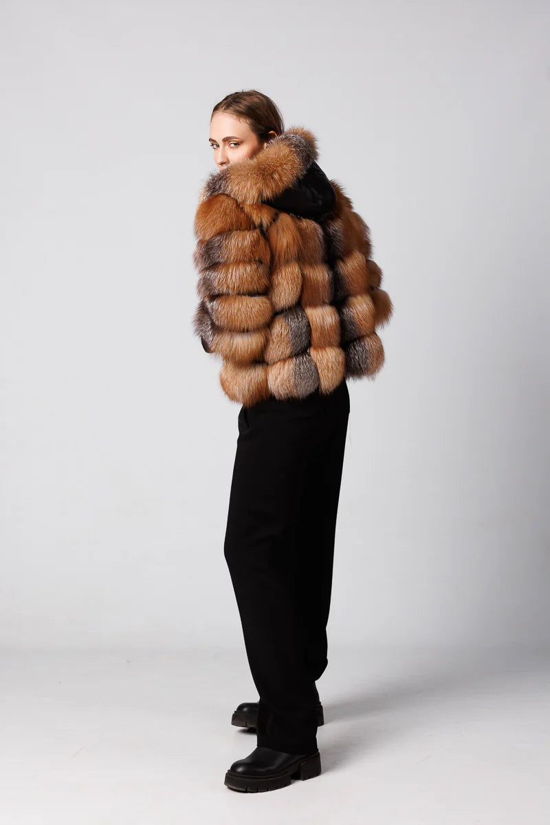 Haină din Blană Naturală de Vulpe, cu Glugă, Femei, Brown Frost 252