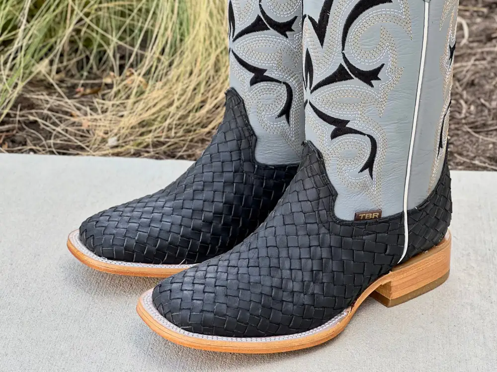 Mens Black Basket Woven Boots With Grey Shaft