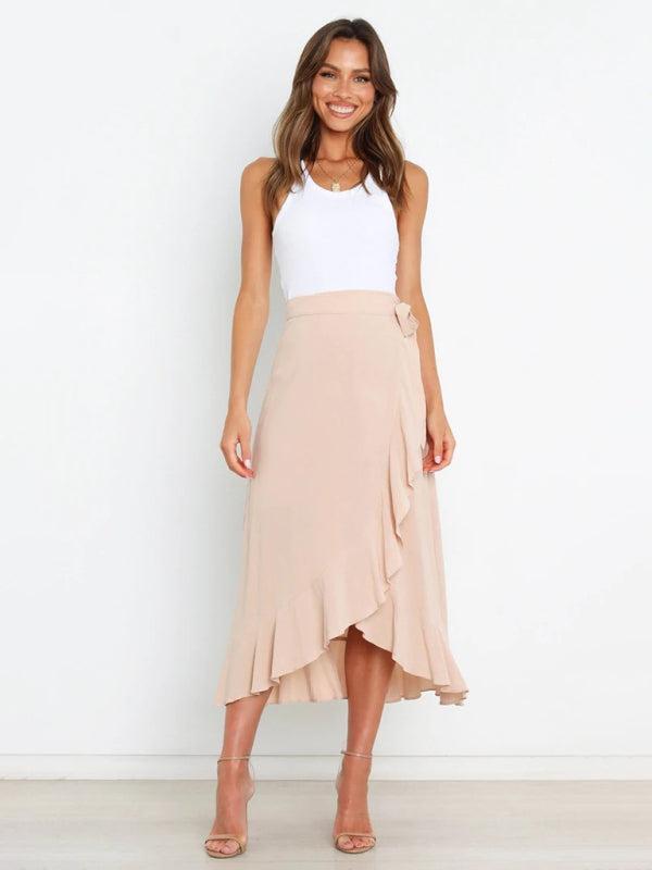Waist Tie Solid Color Irregular Midi Flare Skirt