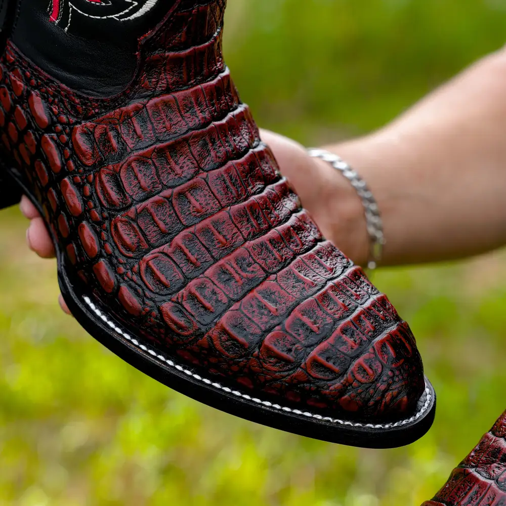 Black Cherry Caiman Hornback Leather Boots - Round Toe