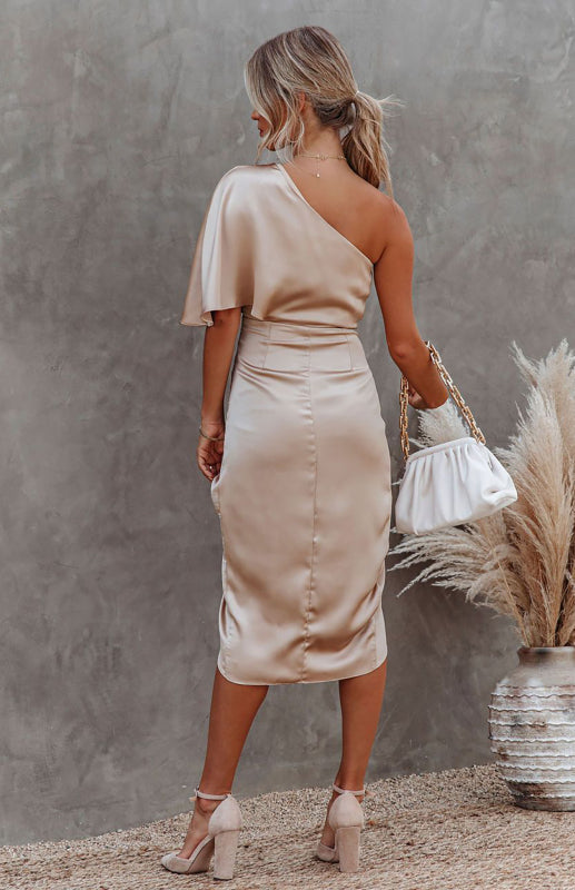 One Sleeve Irregular Pleated Waist Skirt Dress