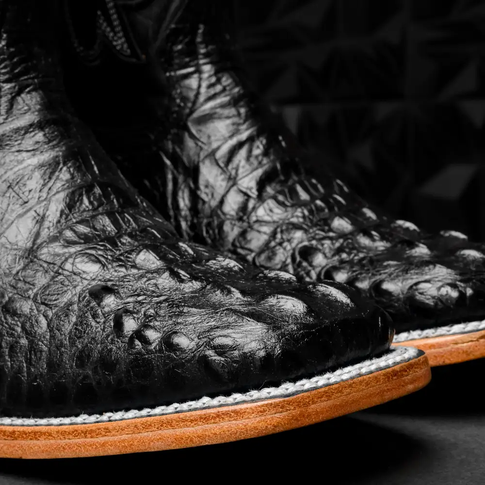 Black Caiman Neck Leather Boots - Square Toe