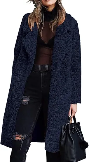 Women's Fuzzy Fleece Lapel Open Front Long Cardigan Coat Faux Fur Warm Winter Outwear Jackets Clothing Set