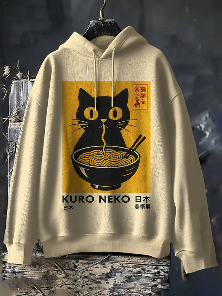 Men's Black Cat Eating Ramen Japanese Art Print Hooded Sweatshirt