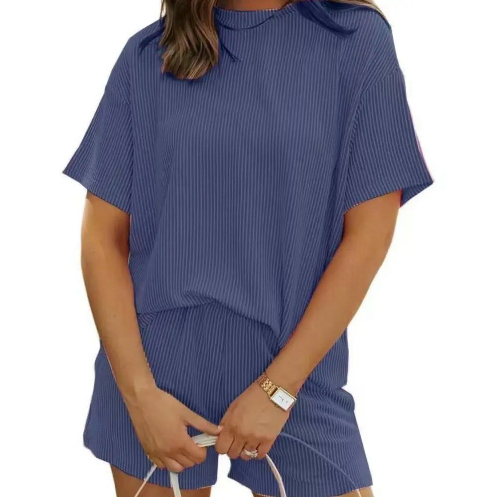 Women's Ribbed Textured Lounge Shorts Set with Pockets