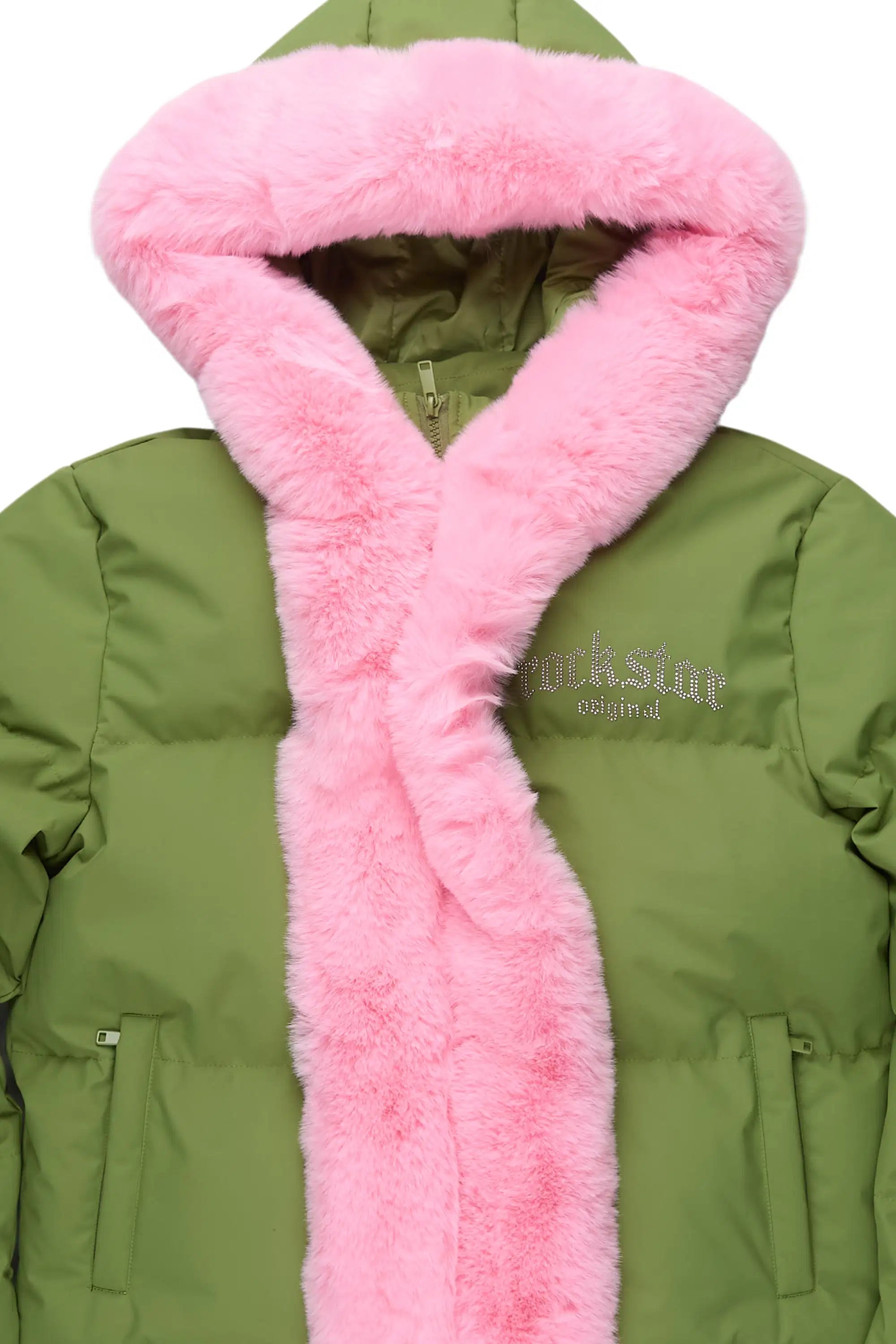 Dontaisha Olive Puffer Jacket With Fur Trim