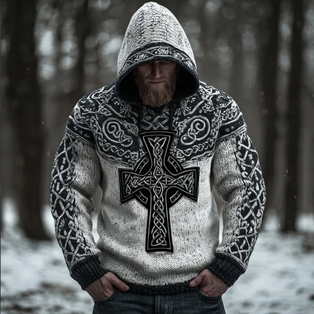 Men's Viking Style Mysterious Celtic Cross Hooded Sweater