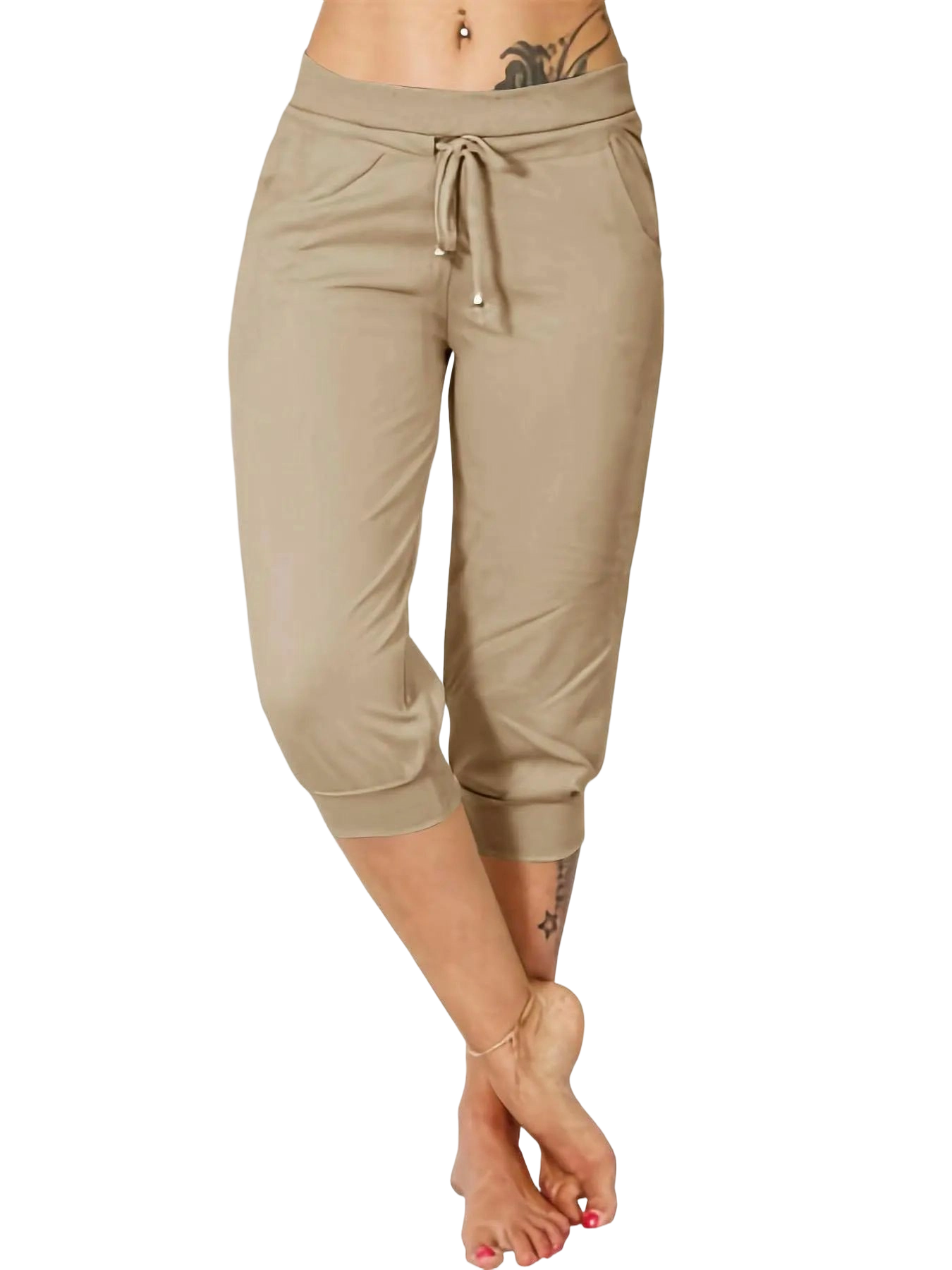 Women's Plain Drawstring Waist Capris Pants, Casual Pocket Trousers for Daily Wear